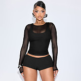 Sexy Vest Mesh Long-sleeved Top Tight Shorts Calf Set Four-piece Suit DZHT-389