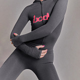 Fashion Hooded Letter Printed Zipper Slim Fit Sports Pants Set DLS-77547