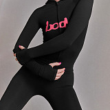Fashion Hooded Letter Printed Zipper Slim Fit Sports Pants Set DLS-77547