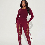 Fashionable and Sexy Long-sleeved Hollow Strap Tight Long Jumpsuit DLS-80633