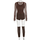 Sexy Vest Mesh Long-sleeved Top Tight Shorts Calf Set Four-piece Suit DZHT-389