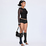 Sexy Vest Mesh Long-sleeved Top Tight Shorts Calf Set Four-piece Suit DZHT-389
