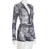 Summer Autumn Zipper Round Neck See Through Print Long Sleeved Pleated Triangle Shorts Set XYWL-J25ST218