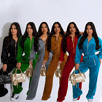 Fashion Women's Long-sleeved Lapel Zipper Cardigan Trousers Two-piece Set SFY-575