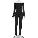 Solid One Shoulder Long Sleeved Slit Pants Fluffy Cuffs Jumpsuit XYWL-J25JP276