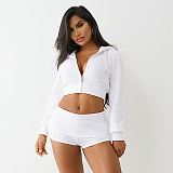 Fashionable Casual Hooded Zipper Seatshirt Fold-over Shorts Two-piece Set DZHT-373