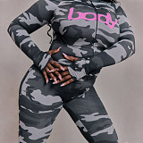 Fashionable Hooded Camouflage Print Long-sleeved Slim-fit Trousers Two-piece Suit
