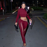 New Sexy Hollow Long Sleeve Top with Strappy Tights Two-Piece Set DLS-80632