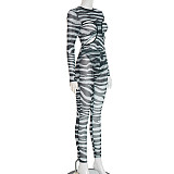 Zebra Print Hollow Bodysuit With Tight Pants Hot Girl Suit DZHT-306