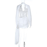 Sexy V-neck Ribbon Backless Slim Long-sleeved Hip Skirt FLY-25206