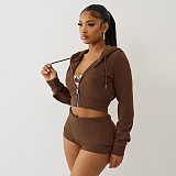 Fashionable Casual Hooded Zipper Seatshirt Fold-over Shorts Two-piece Set DZHT-373