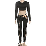 New Sexy Hollow Long Sleeve Top with Strappy Tights Two-Piece Set DLS-80632