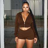 Fashionable Casual Hooded Zipper Seatshirt Fold-over Shorts Two-piece Set DZHT-373