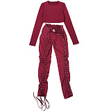 New Sexy Hollow Long Sleeve Top with Strappy Tights Two-Piece Set DLS-80632