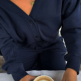 New Solid Color Button Cardigan Jacket High Waist Loose Trousers Lazy Style Suit SXE-78942