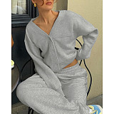 New Solid Color Button Cardigan Jacket High Waist Loose Trousers Lazy Style Suit SXE-78942