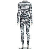 Zebra Print Hollow Bodysuit With Tight Pants Hot Girl Suit DZHT-306