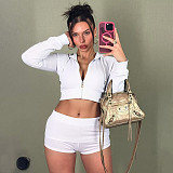Fashionable Casual Hooded Zipper Seatshirt Fold-over Shorts Two-piece Set DZHT-373