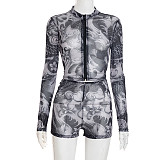 Summer Autumn Zipper Round Neck See Through Print Long Sleeved Pleated Triangle Shorts Set XYWL-J25ST218