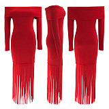 One-shoulder Slim Tassel Hip Wrap Strapless Evening Dress SFY-604