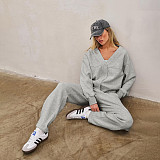 New Solid Color Button Cardigan Jacket High Waist Loose Trousers Lazy Style Suit SXE-78942