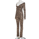 Sexy Leopard Print V-neck Off-shoulder Top With Fingerless Fit and Tight Pants Set DZHT-311