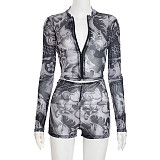Summer Autumn Zipper Round Neck See Through Print Long Sleeved Pleated Triangle Shorts Set XYWL-J25ST218