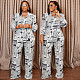 Fashion Printed Tie-Drape Long-Sleeved Top and Straight-Leg Pants Set PMR-507