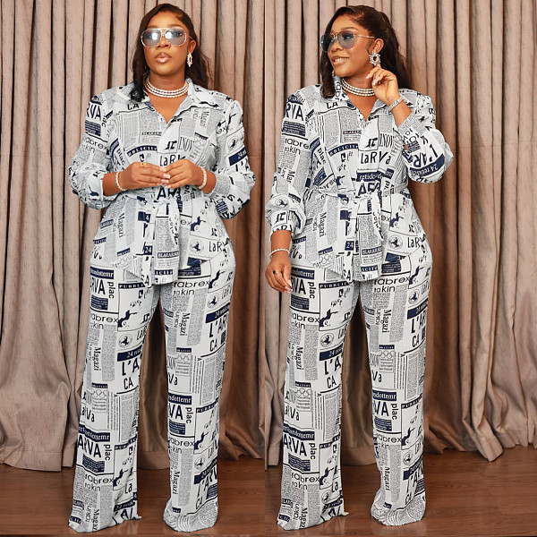 Fashion Printed Tie-Drape Long-Sleeved Top and Straight-Leg Pants Set PMR-507
