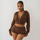 Fashionable Casual Hooded Zipper Seatshirt Fold-over Shorts Two-piece Set DZHT-373