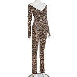 Sexy Leopard Print V-neck Off-shoulder Top With Fingerless Fit and Tight Pants Set DZHT-311