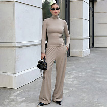 New Casual High-neck Long-sleeved Top and Straight-leg Trousers Two-piece Suit