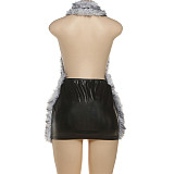 Sexy Leather Paneled Sleeveless Halterneck Dress ZJQD-80157