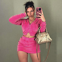 Autumn Winter Suede Hooded Long-sleeved Zipper Cardigan Hip-Wrap Skirt Set XYWL-D25ST378