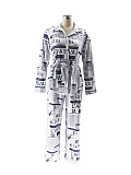 Fashion Printed Tie-Drape Long-Sleeved Top and Straight-Leg Pants Set PMR-507