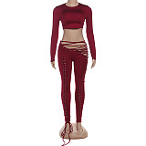 New Sexy Hollow Long Sleeve Top with Strappy Tights Two-Piece Set DLS-80632