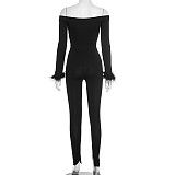 Solid One Shoulder Long Sleeved Slit Pants Fluffy Cuffs Jumpsuit XYWL-J25JP276