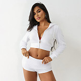 Fashionable Casual Hooded Zipper Seatshirt Fold-over Shorts Two-piece Set DZHT-373