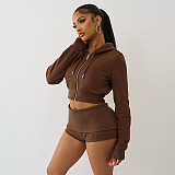 Fashionable Casual Hooded Zipper Seatshirt Fold-over Shorts Two-piece Set DZHT-373