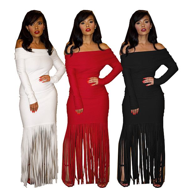 One-shoulder Slim Tassel Hip Wrap Strapless Evening Dress SFY-604