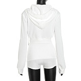 Fashionable Casual Hooded Zipper Seatshirt Fold-over Shorts Two-piece Set DZHT-373