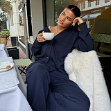 New Solid Color Button Cardigan Jacket High Waist Loose Trousers Lazy Style Suit SXE-78942