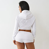 Fashionable Casual Hooded Zipper Seatshirt Fold-over Shorts Two-piece Set DZHT-373
