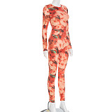 Autumn Pullover Round Neck Flower Printed Slimming Pants Set XYWL-J25ST232