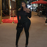 Solid One Shoulder Long Sleeved Slit Pants Fluffy Cuffs Jumpsuit XYWL-J25JP276
