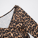 Sexy Leopard Print V-neck Off-shoulder Top With Fingerless Fit and Tight Pants Set DZHT-311