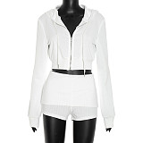 Fashionable Casual Hooded Zipper Seatshirt Fold-over Shorts Two-piece Set DZHT-373
