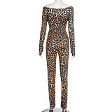 Sexy Leopard Print V-neck Off-shoulder Top With Fingerless Fit and Tight Pants Set DZHT-311