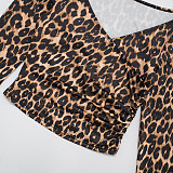 Sexy Leopard Print V-neck Off-shoulder Top With Fingerless Fit and Tight Pants Set DZHT-311