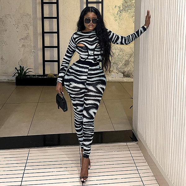 Zebra Print Hollow Bodysuit With Tight Pants Hot Girl Suit DZHT-306